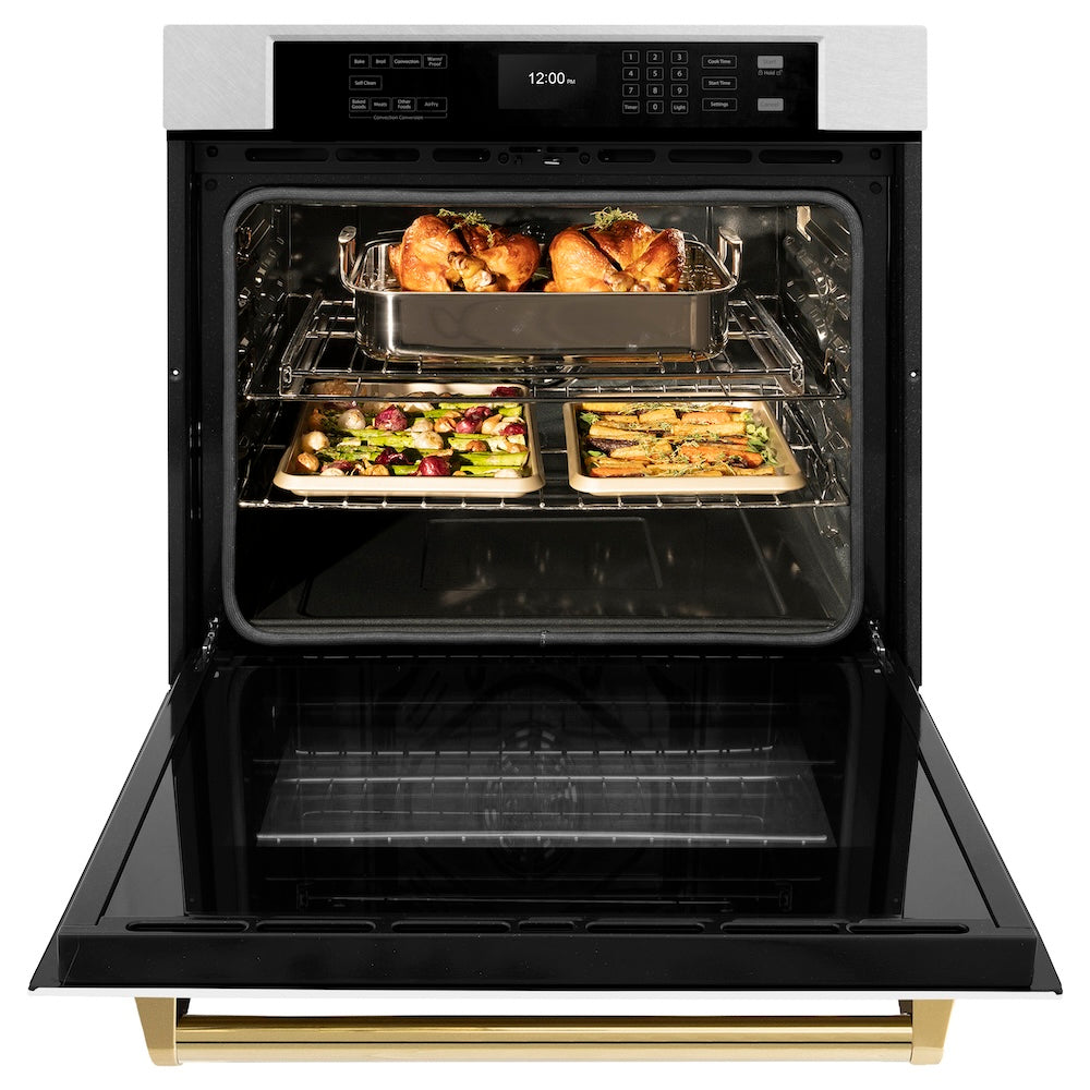 ZLINE Autograph Edition 30 in. Professional True Convection Single Wall Oven with Air Fry and Self Clean in Satin Stainless Steel with White Matte Door and Polished Gold Handle (WASSZ-WM-30-G) - (WASSZWM30G) -