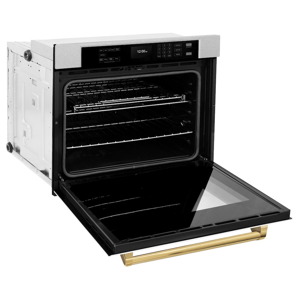 ZLINE Autograph Edition 30 in. Professional True Convection Single Wall Oven with Air Fry and Self Clean in Satin Stainless Steel with White Matte Door and Polished Gold Handle (WASSZ-WM-30-G) - (WASSZWM30G) -