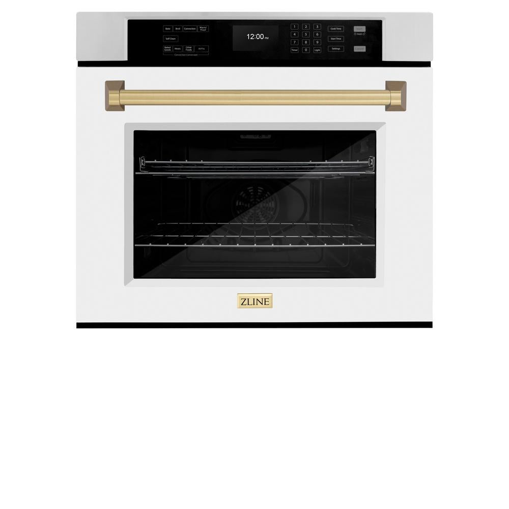 ZLINE Autograph Edition 30 in. Professional True Convection Single Wall Oven with Air Fry and Self Clean in Stainless Steel with White Matte Door and Champagne Bronze Handle (WASZ-WM-30-CB) - (WASZWM30CB) -