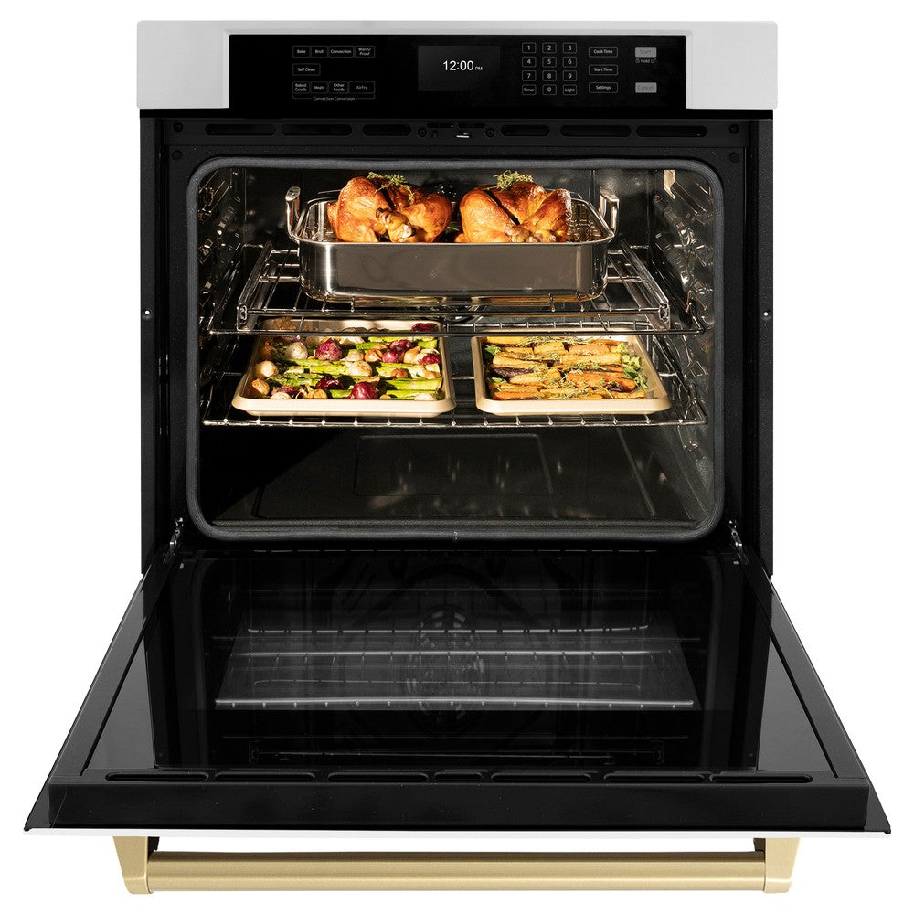 ZLINE Autograph Edition 30 in. Professional True Convection Single Wall Oven with Air Fry and Self Clean in Stainless Steel with White Matte Door and Champagne Bronze Handle (WASZ-WM-30-CB) - (WASZWM30CB) -