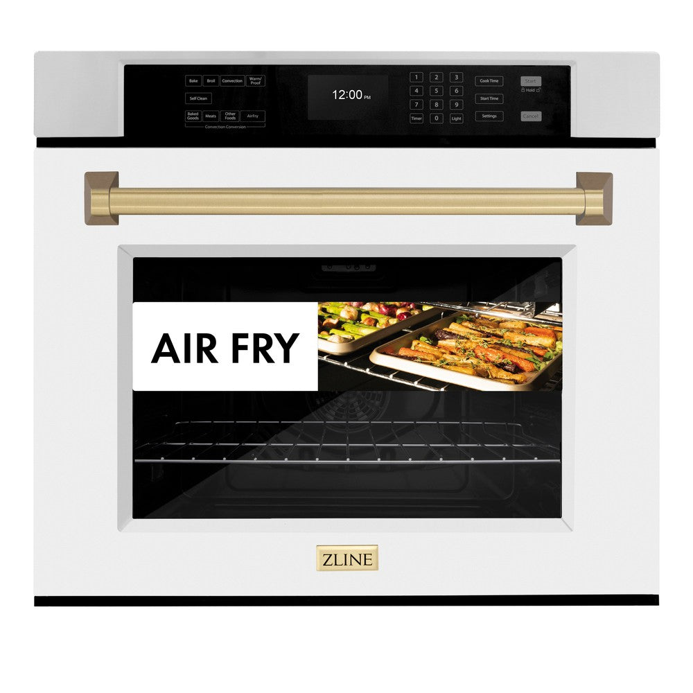 ZLINE Autograph Edition 30 in. Professional True Convection Single Wall Oven with Air Fry and Self Clean in Stainless Steel with White Matte Door and Champagne Bronze Handle (WASZ-WM-30-CB) - (WASZWM30CB) -