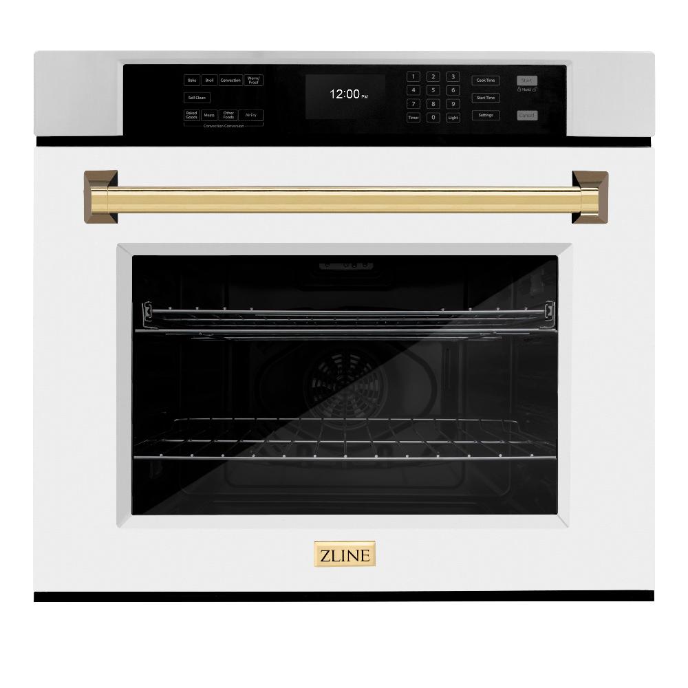 ZLINE Autograph Edition 30 in. Professional True Convection Single Wall Oven with Air Fry and Self Clean in Stainless Steel with White Matte Door and Polished Gold Handle (WASZ-WM-30-G) - (WASZWM30G) -