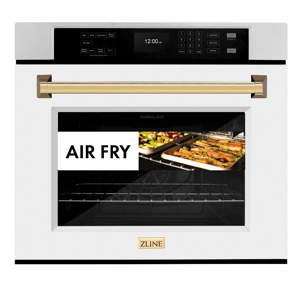 ZLINE Autograph Edition 30 in. Professional True Convection Single Wall Oven with Air Fry and Self Clean in Stainless Steel with White Matte Door and Polished Gold Handle (WASZ-WM-30-G) - (WASZWM30G) -