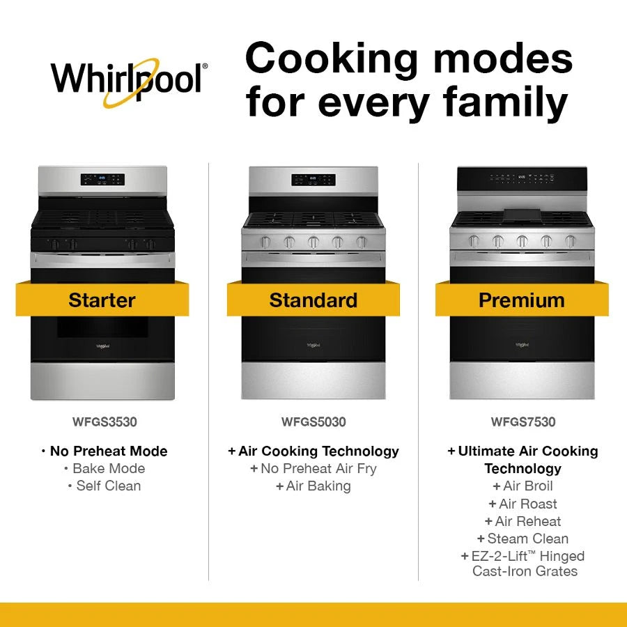 30-inch Gas Range with Air Cooking Technology, No Preheat Air Fry and Air Baking and Self Clean - (WFGS5030RS)
