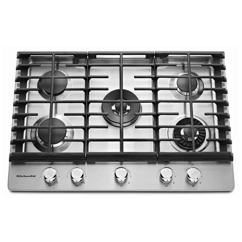 KitchenAid KCGS950ESS 30" Gas Cooktop 5 Sealed Burners Continuous Full Width Cast Iron Grates Stainless Steel