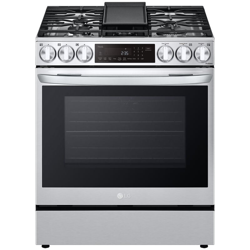 LG LSDL6336F InstaView 30 in. 6.3 cu. ft. Smart Air Fry True European Convection Slide-In Dual Fuel Range with 5 Sealed Burners & Griddle - PrintProof Stainless Steel