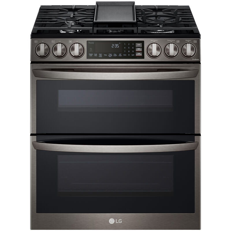 LG LTGL6937D InstaView 30 in. 6.9 cu. ft. Smart Air Fry True European Convection Double Oven Slide-In Gas Range with 5 Sealed Burners & Griddle - PrintProof Black Stainless Steel