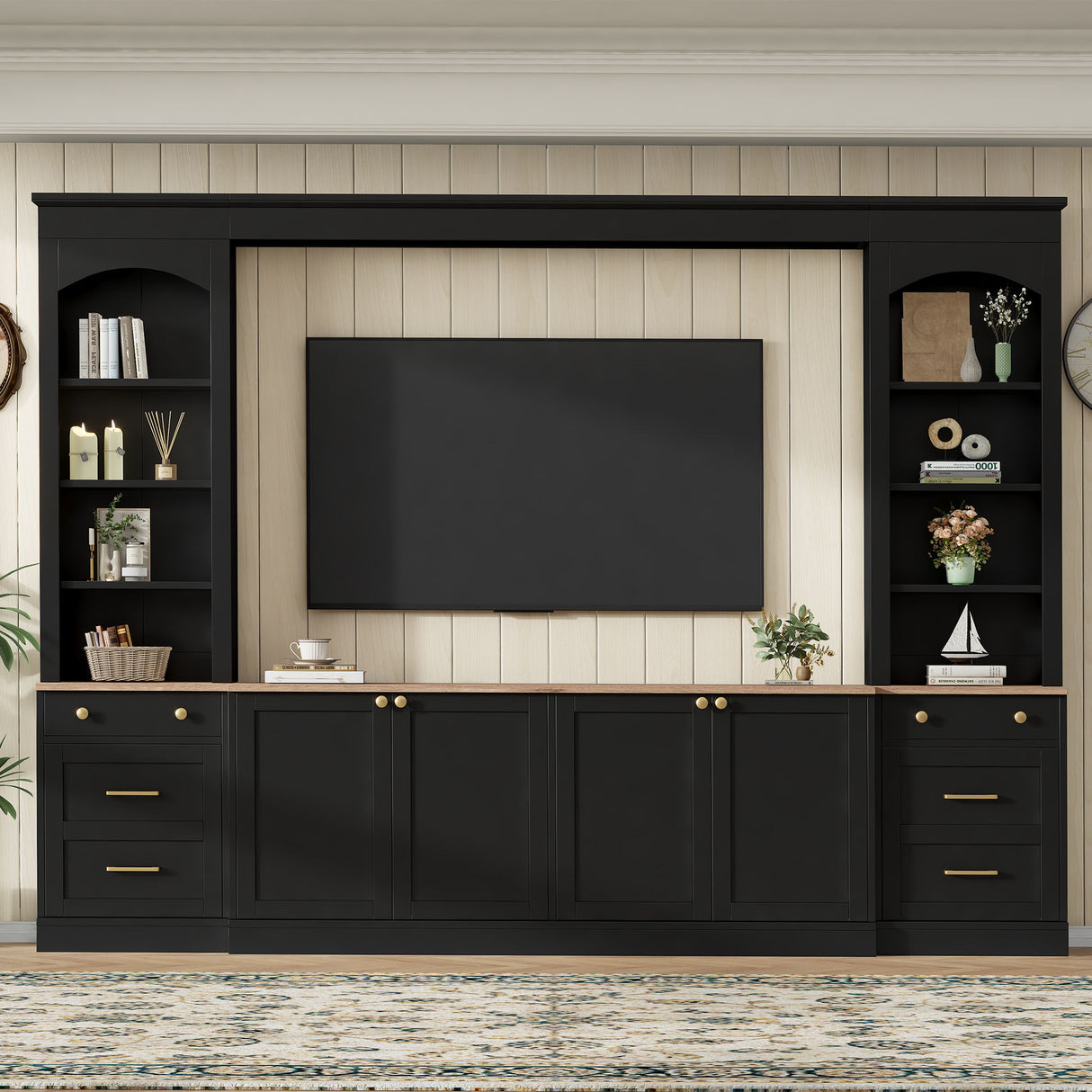 Arched Entertainment Center Wall Unit With Bookshelf, Retro Large TV Stand