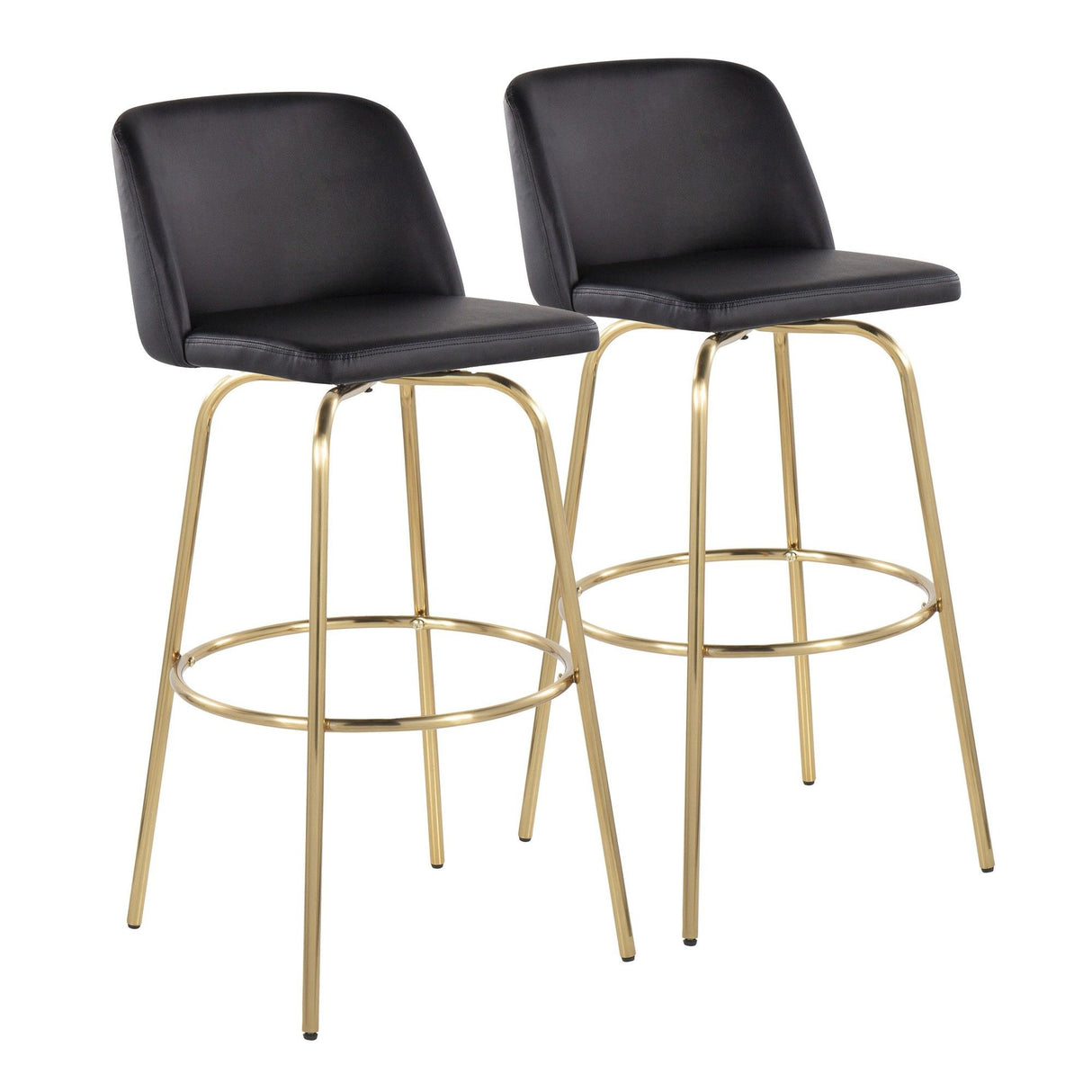 Tintori - Contemporary Fixed-Height Swivel Barstool (Set of 2) - Black Faux Leather And Gold Metal With Round Footrest