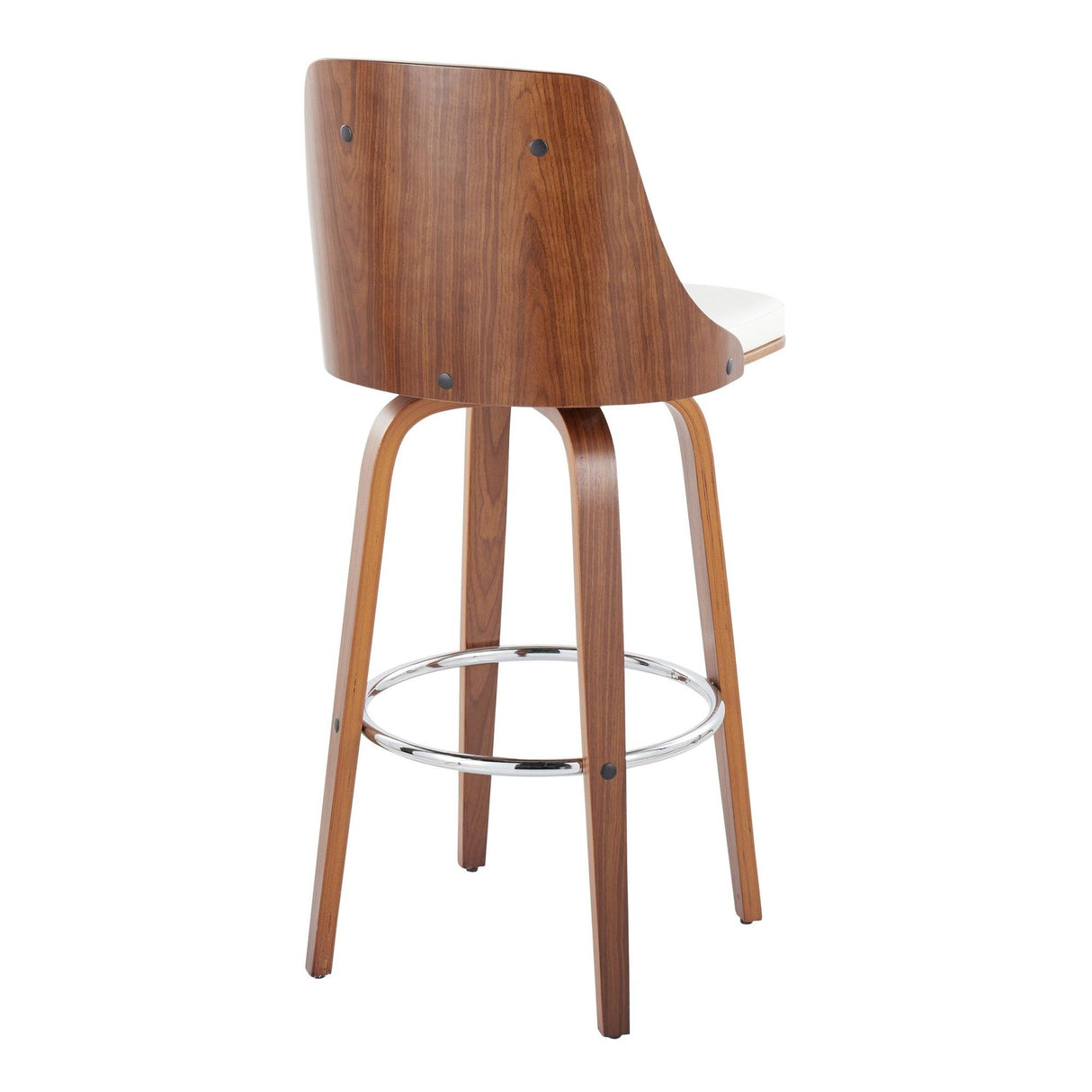 Gianna - Mid-Century Modern Fixed-Height Swivel Barstool (Set of 2) - Walnut Wood And White Faux Leather With Round Chrome Metal Footrest