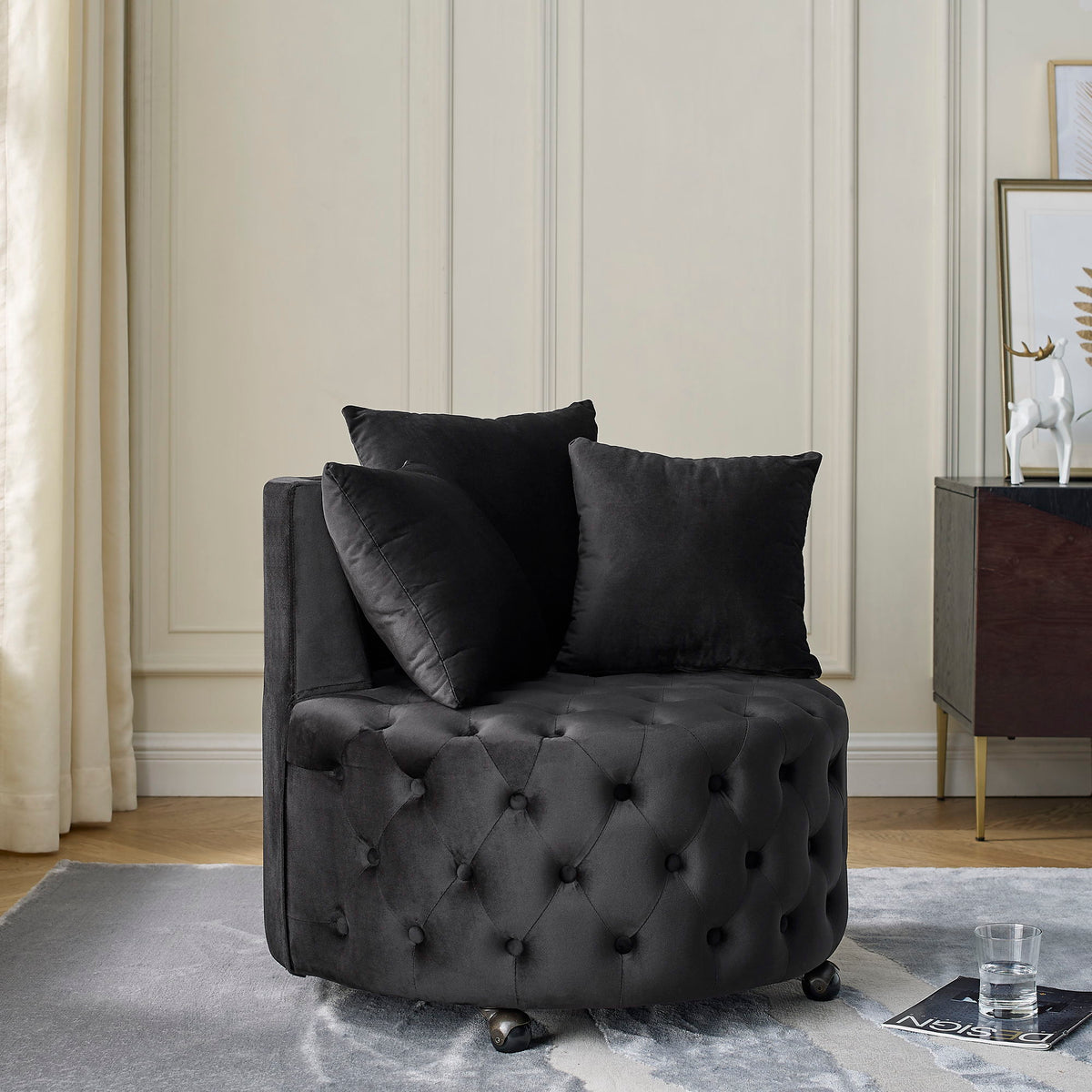 Modern Velvet Upholstered Swivel Chair With Button Tufted Design Movable Wheels 3 Pillows - Black