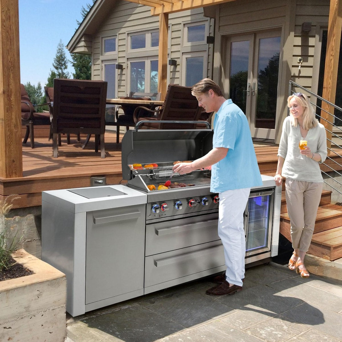 Mont Alpi Deluxe Series 8 Ft Natural Gas Outdoor Kitchen Island w/ Side Burner & Fridge - MAi805-DFC