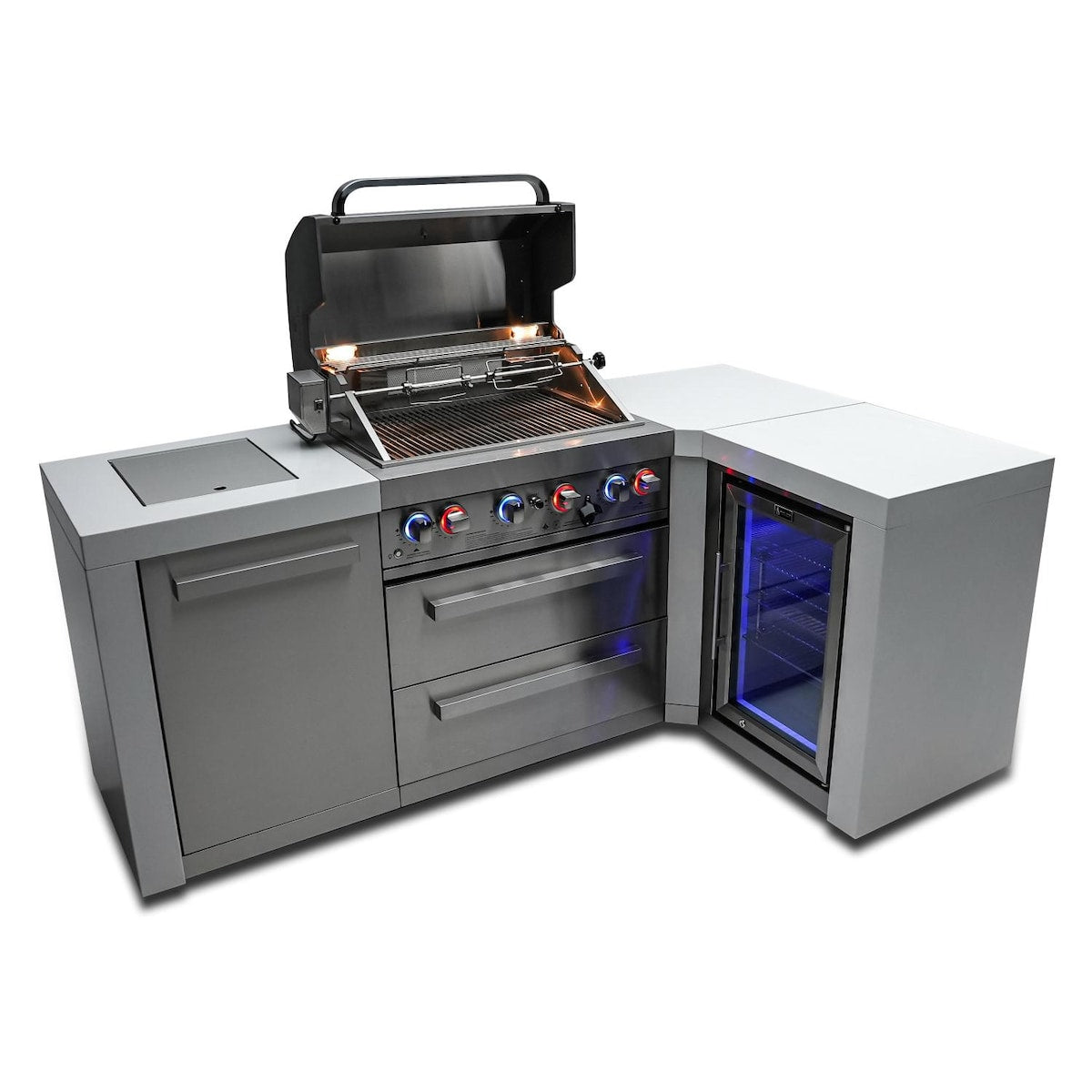 Mont Alpi Deluxe Series 7.5 Ft L-Shaped Propane Outdoor Kitchen Island w/ Side Burner & Fridge - MAi400-D90FC