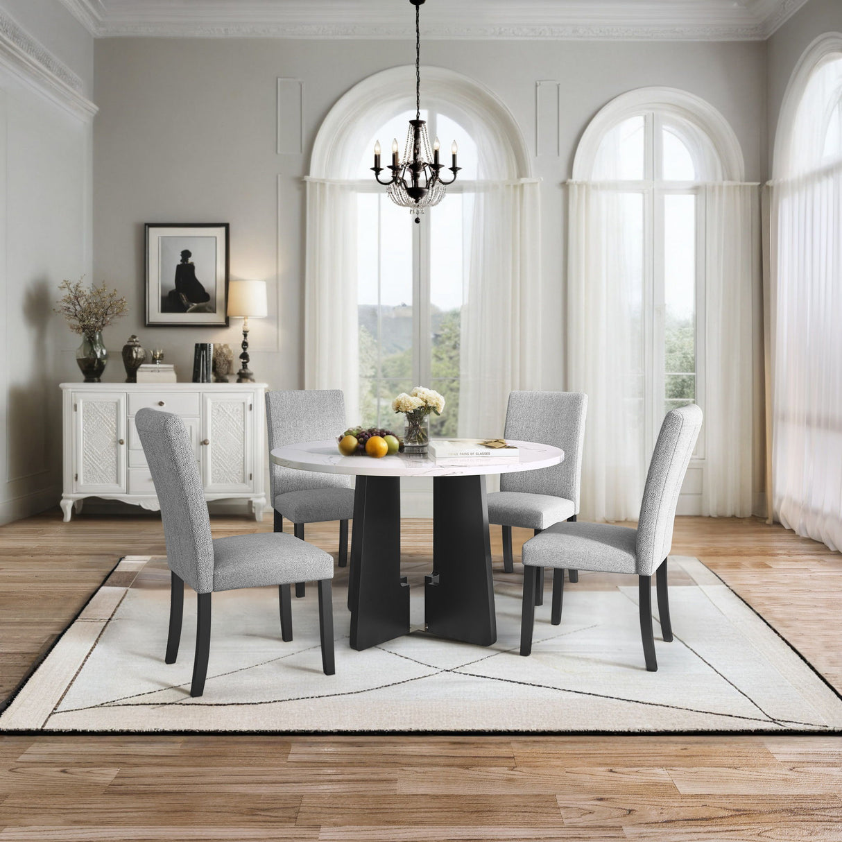 5 Piece Round Dining Table Set, Dining Table And 4 Upholstered Chairs For Dining Room, Kitchen Room, Living Room - White / Gray
