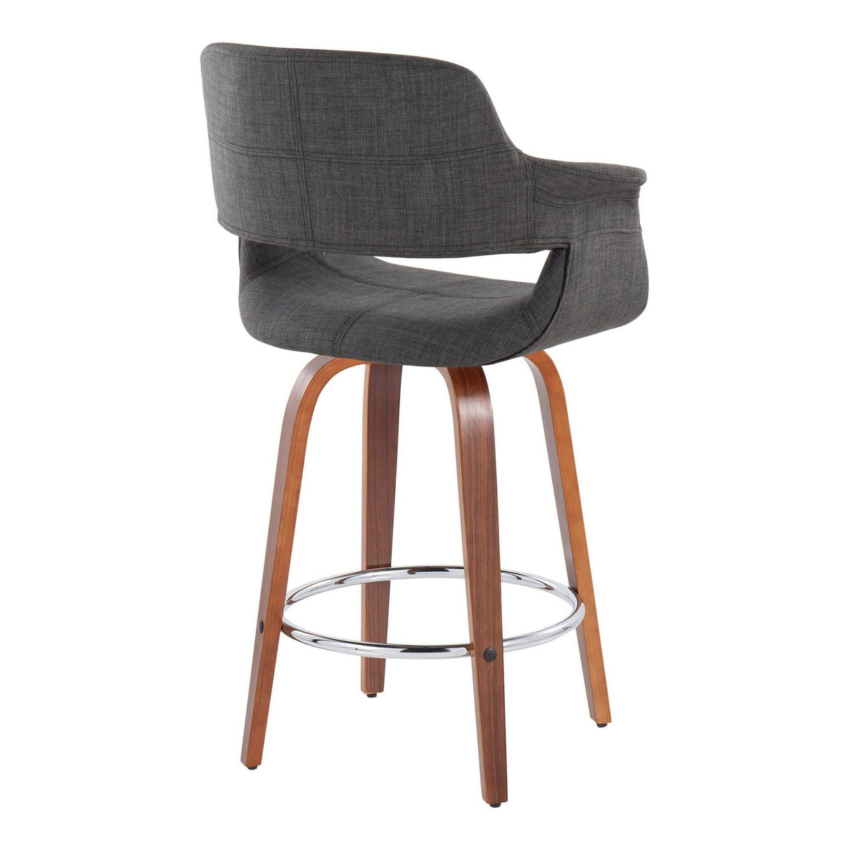 Vintage Flair - Mid-Century Modern Fixed-Height Swivel Counter Stool (Set of 2) - Walnut Wood And Charcoal Fabric With Round Chrome Metal Footrest