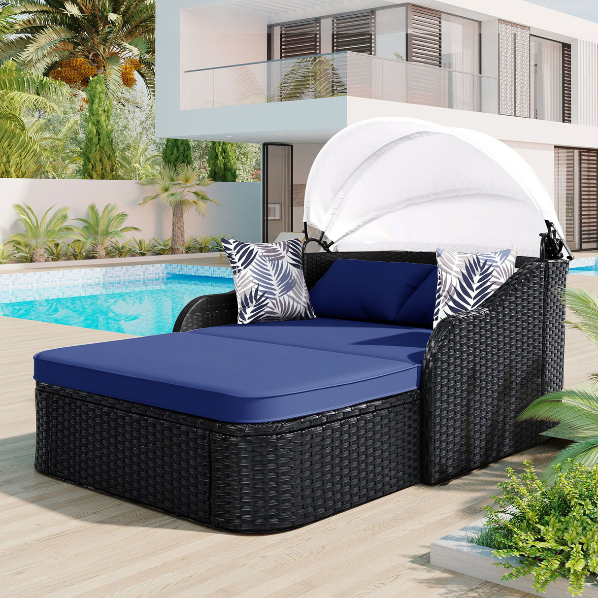 Outdoor Sunbed With Adjustable Canopy, Daybed With Pillows, Double Lounge, PE Rattan Daybed