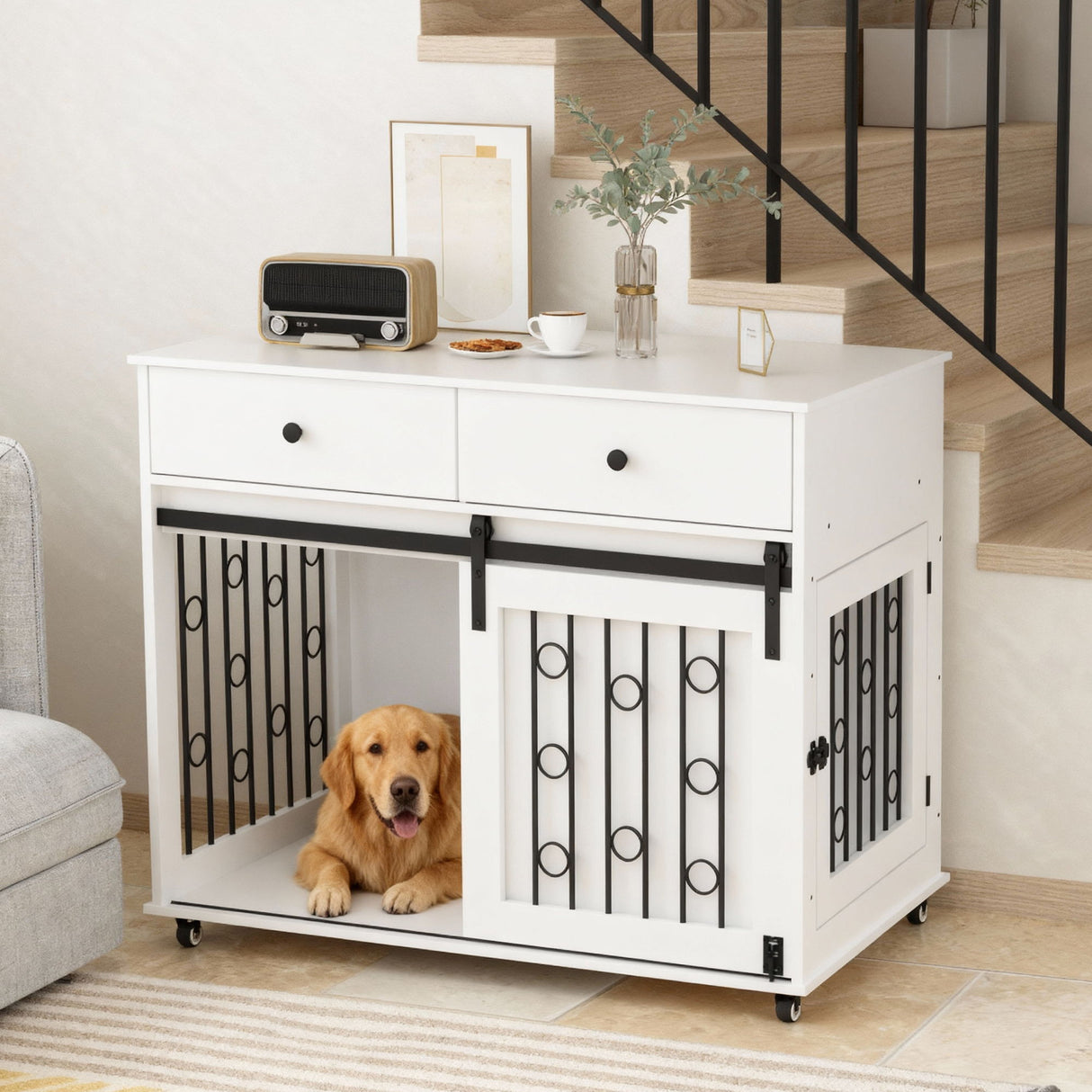 Dog Crate Furniture With Double Drawers And Sliding Barn Door, Pet Kennel For Small To Medium Dogs - White