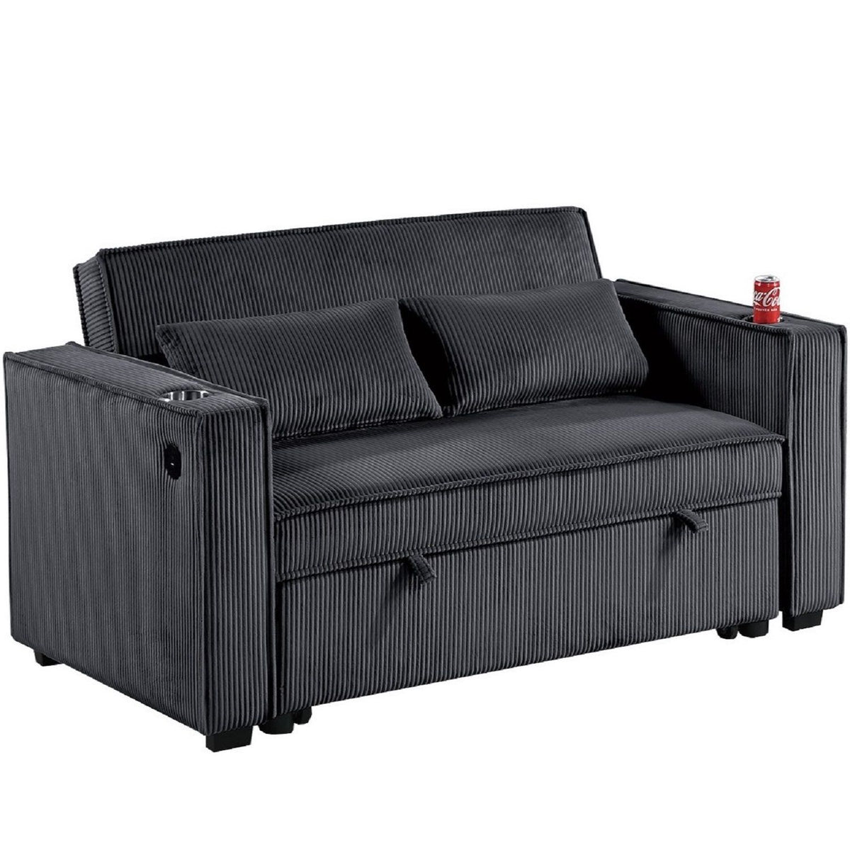 Convertible Sofa With Pull Out Bed, USB Ports & Cup Holders, Matching Pillows - Black