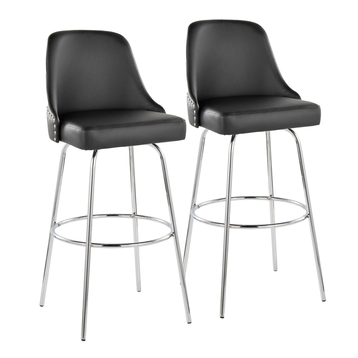 Studded - Marcel Fixed-Height Barstool (Set of 2) - Chrome Metal, Black Faux Leather