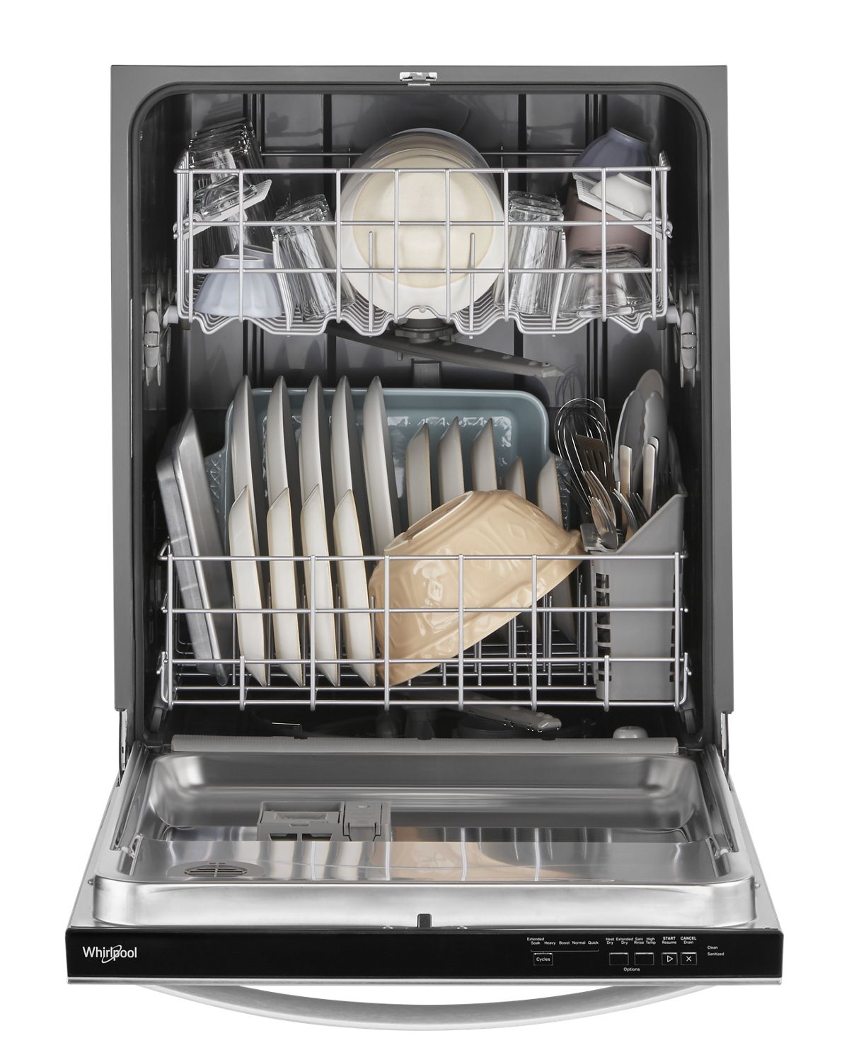 Whirlpool WDT540HAMZ dishwasher with door open showing racks