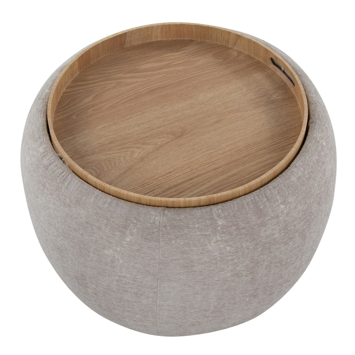 Tray - Pouf Ottoman - Natural Wood And Light Brown Fabric