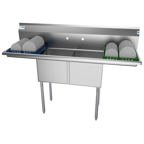60 in. Two Compartment Stainless Steel Commercial Sink with 2 Drainboards, Bowl Size 15"x 15"x 12" SB151512-15B3.