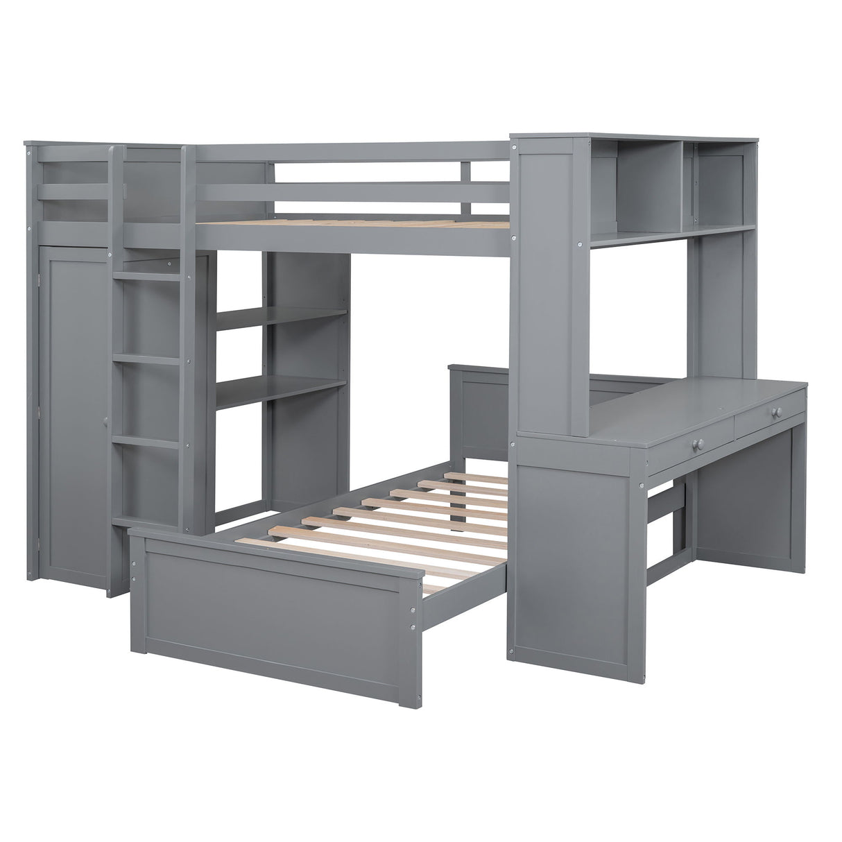 Loft Bed With A Twin Size Standalone Bed, Shelves, Desk, And Wardrobe
