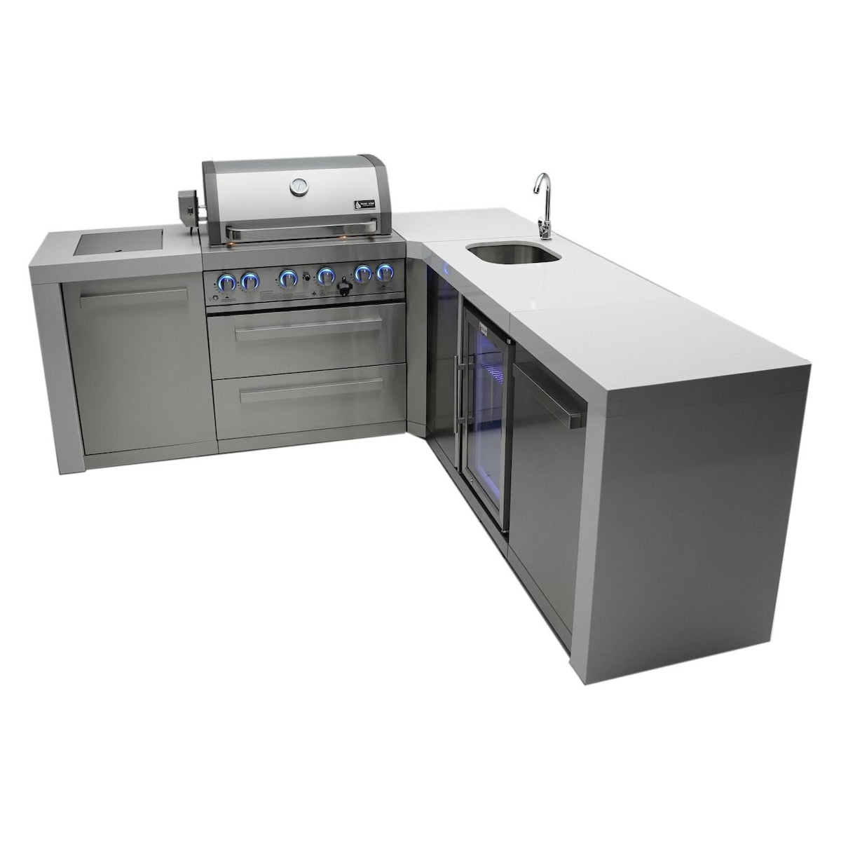 Mont Alpi Deluxe Series 10.5 Ft L-Shaped Propane Outdoor Kitchen Island w/ Side Burner & Beverage Center- MAi400-D90BEV