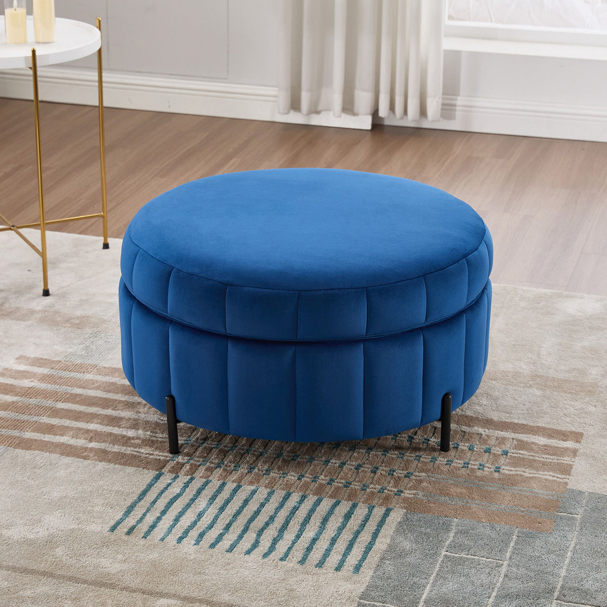 Upholstered Round Ottoman With Reversible Lid, Velvet Storage Stool, Channel Tufted Pumpkin Shape Footstool For Living Room, Bedroom And Office - Navy