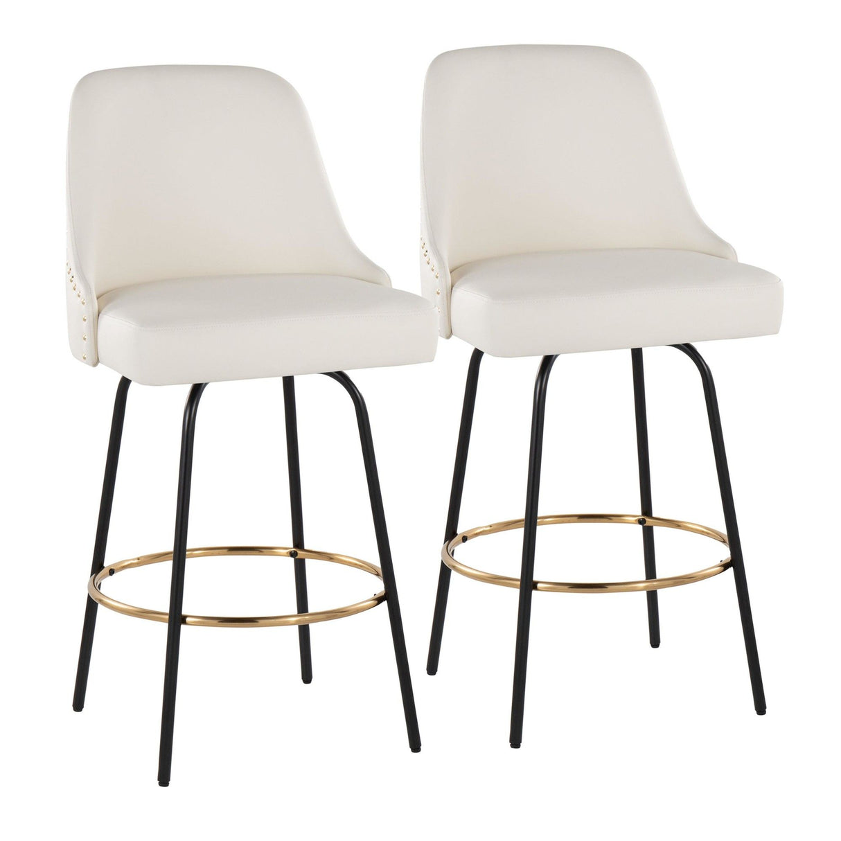 Studded - Marcel Fixed-Height Counter Stool (Set of 2) - Black Metal, White Faux Leather, Gold Metal