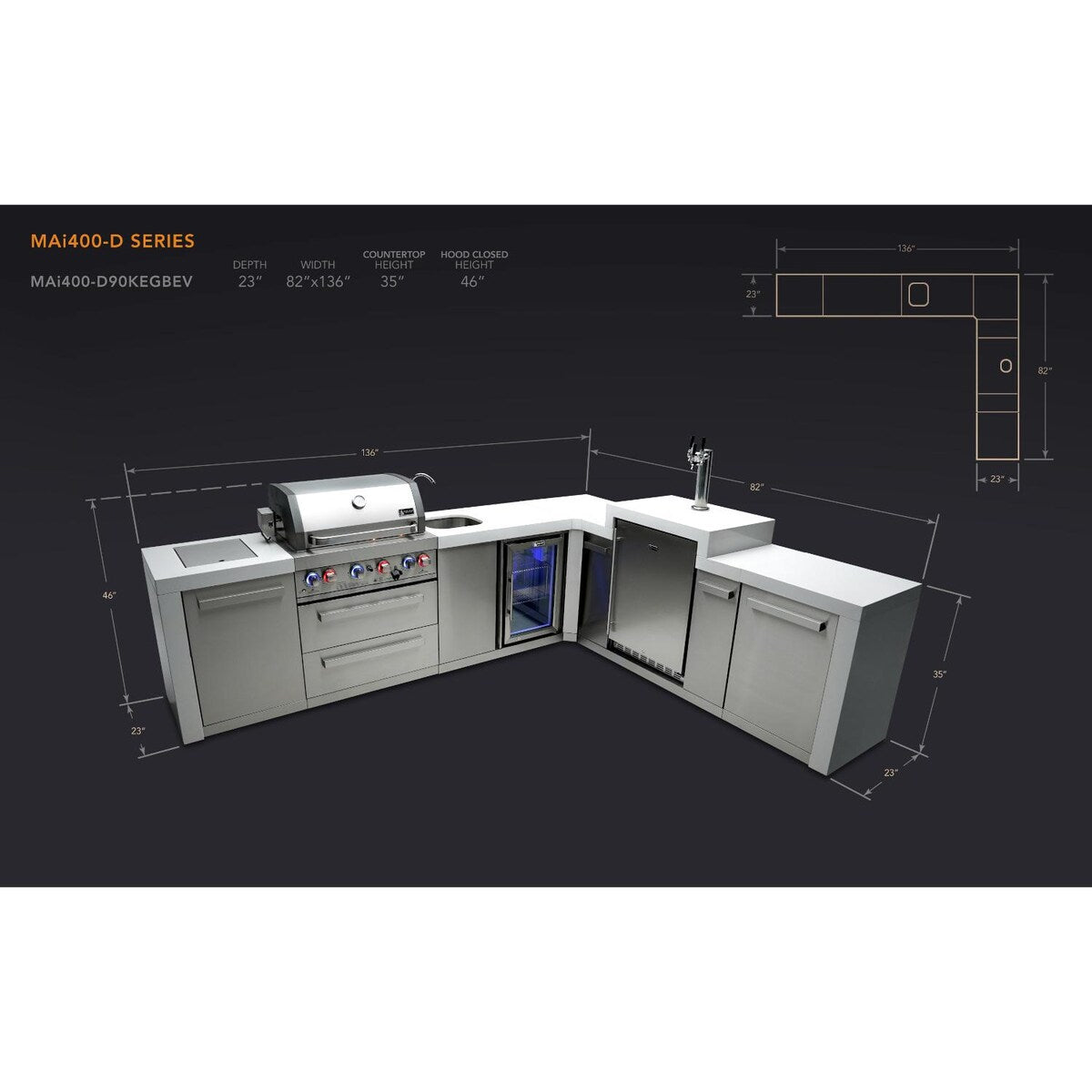 Mont Alpi Deluxe Series 11.5 Ft L-Shaped Propane Outdoor Kitchen Island w/ Side Burner, Beverage Center & Kegerator - MAi400-D90KEGBEV