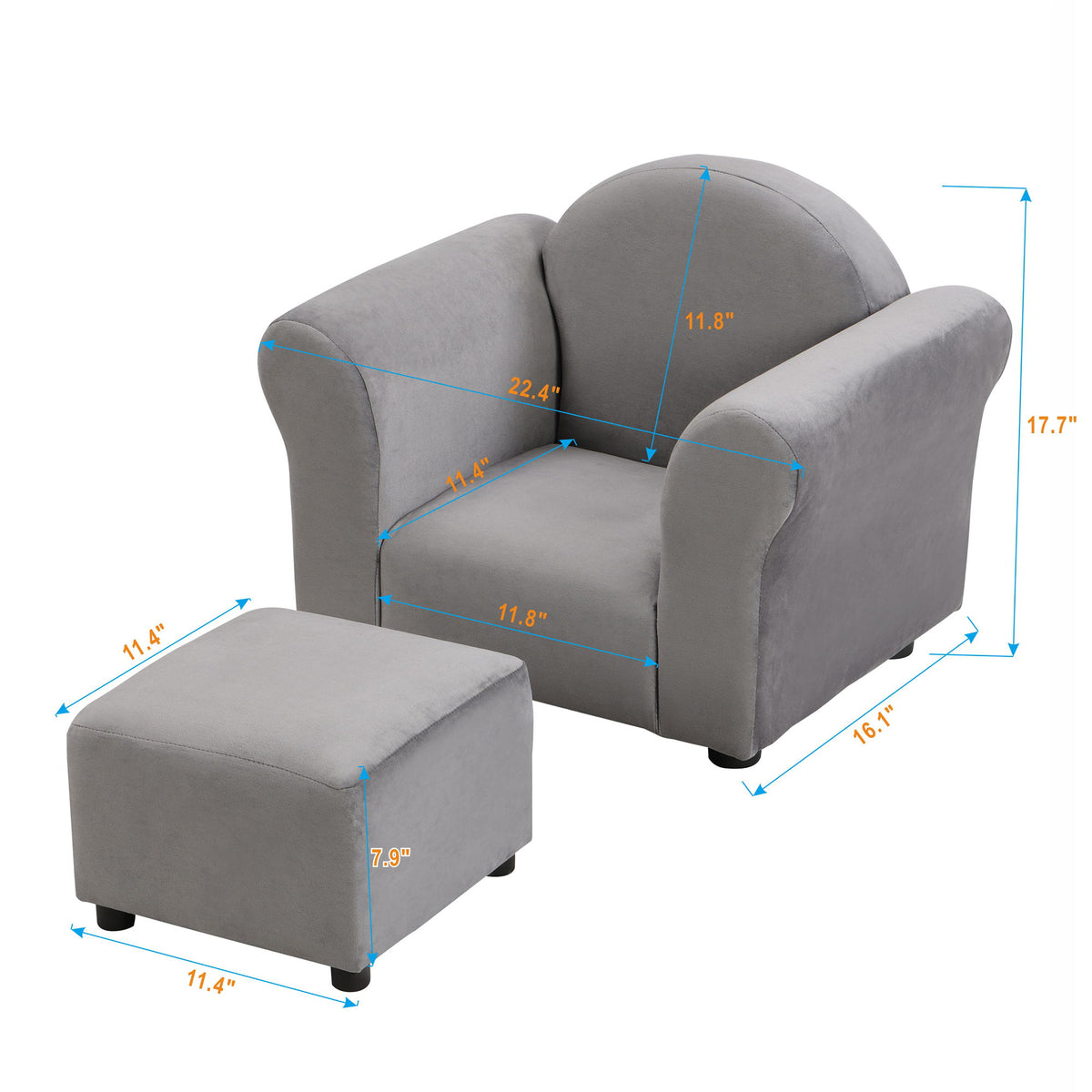 Kids Velvet Upholstered Chair With Ottoman For Comfortable Seating - Gray