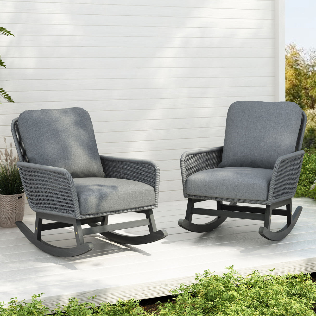 Contemporary Minimalist Wicker Rocking Chair With Soft Cushions And Durable Wooden Frame