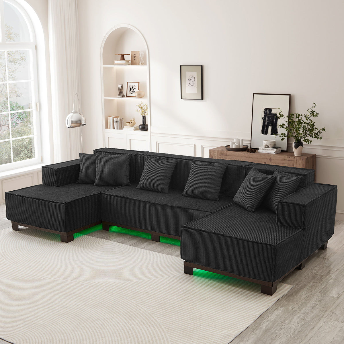 U-Shaped Sectional Sofa With RGB LED Light Strip And 6 Pillows