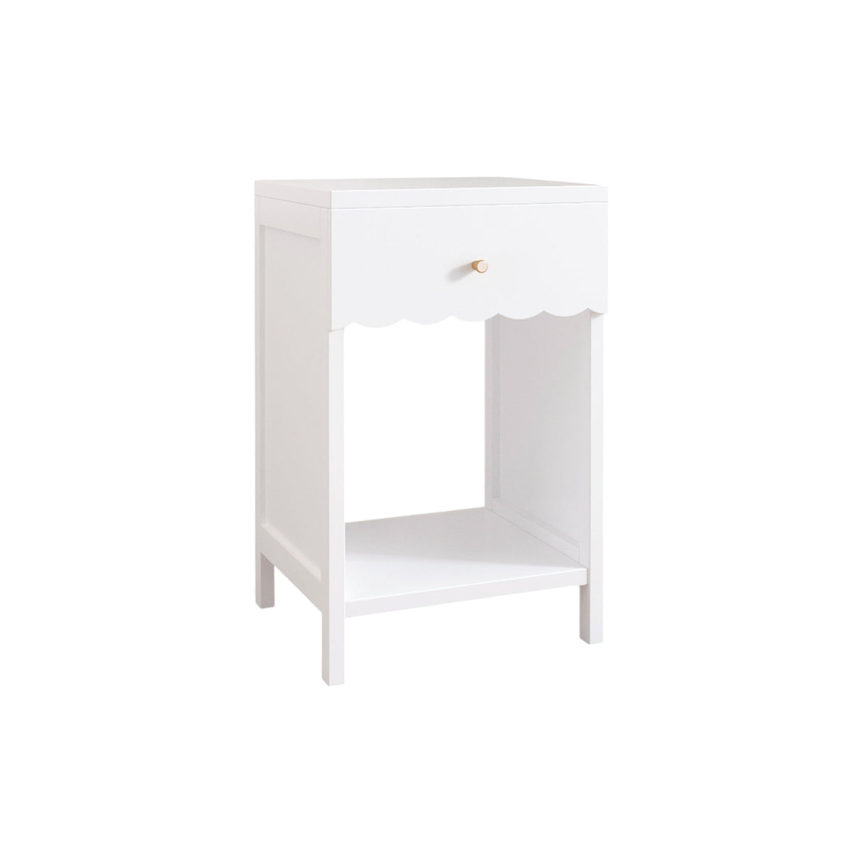 Nightstand With Drawer And Open Shelf, Scalloped Edge Bedside Table For Bedroom - White