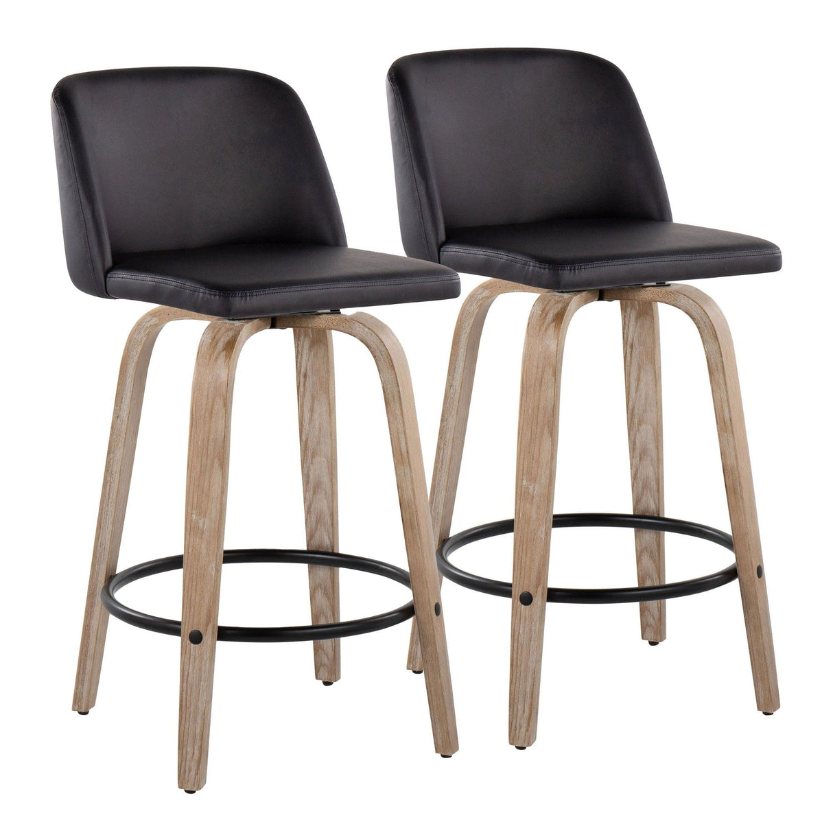 Tintori - Contemporary Fixed-Height Swivel Counter Stool (Set of 2) - Whitewashed Wood And Black Faux Leather With Round Black Metal Footrest