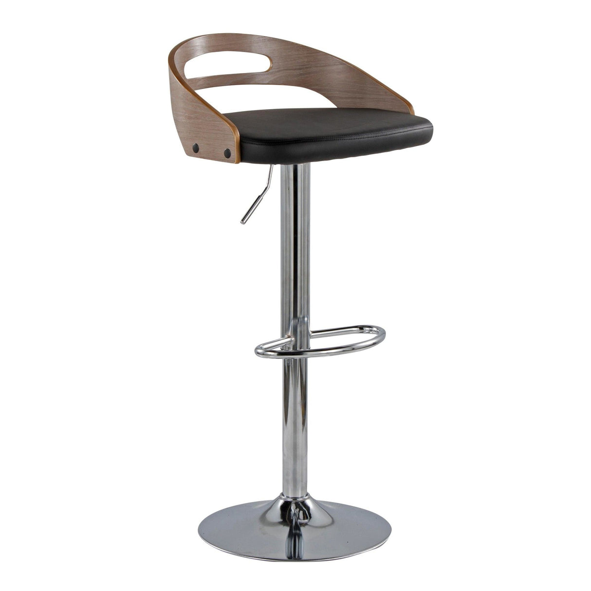 Cassis - Mid-Century Modern Adjustable Barstool With Swivel (Set of 2) - Chrome Metal, Light Gray Wood And Black Faux Leather With Oval Footrest