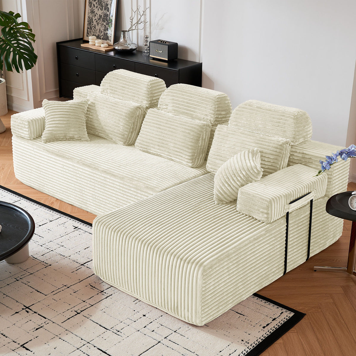 Sectional Sleeper Sofa & Storage Pockets, Modular Couch With Throw Pillows For Living Room