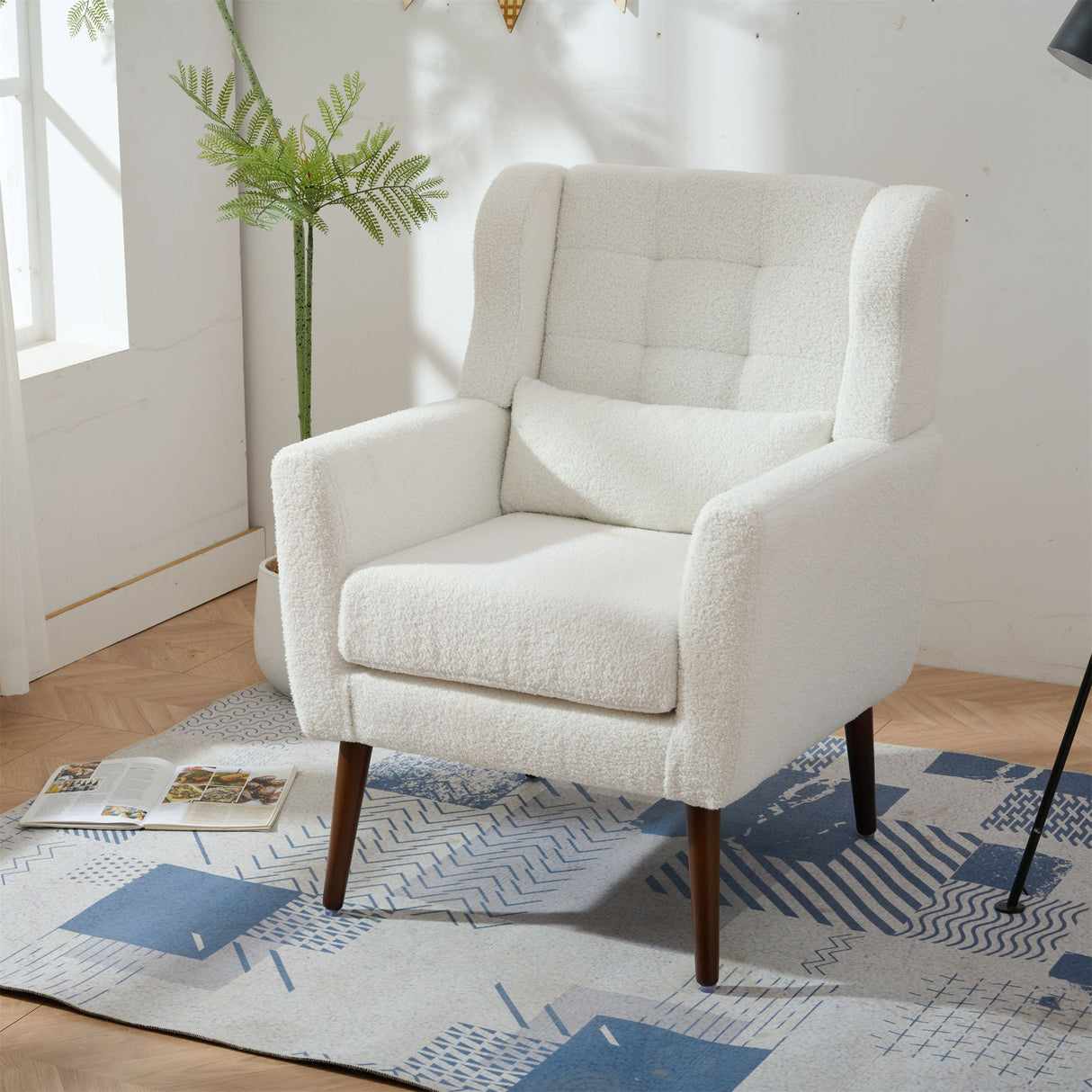 Modern Accent Chair, Arm Chairs For Living Room, Upholstered Mordern Armchair, Comfy Soft Padded Lounge Chair In Small Space, Bedroom, With Pillow, Solid Wood Leg
