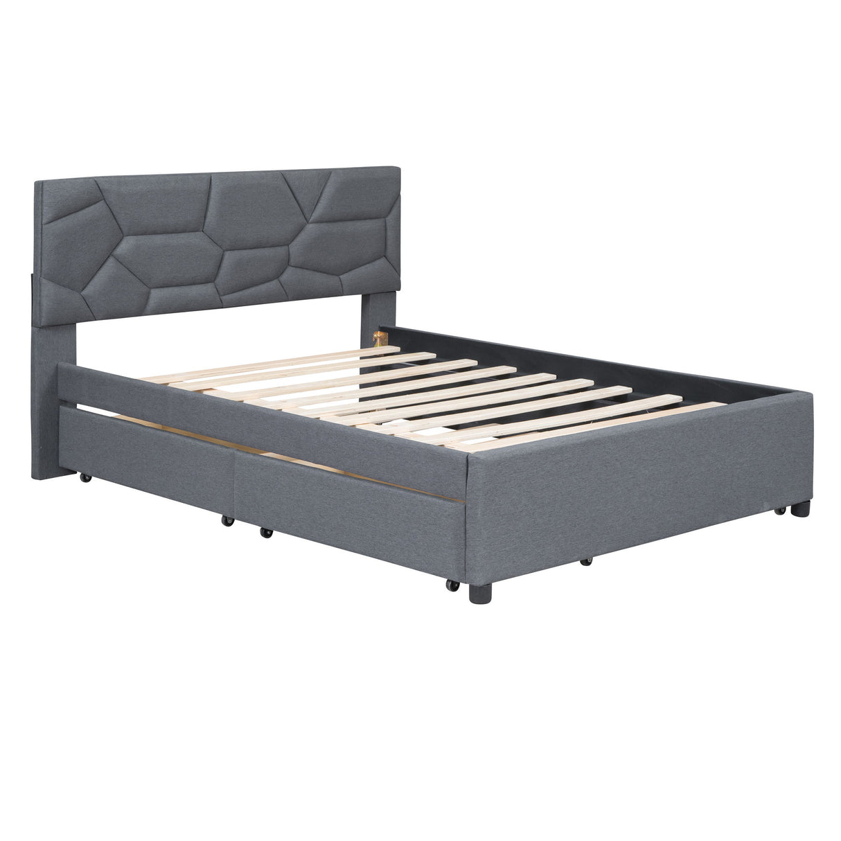 Upholstered Platform Bed With Brick Pattern Headboard And Twin Long Size Trundle