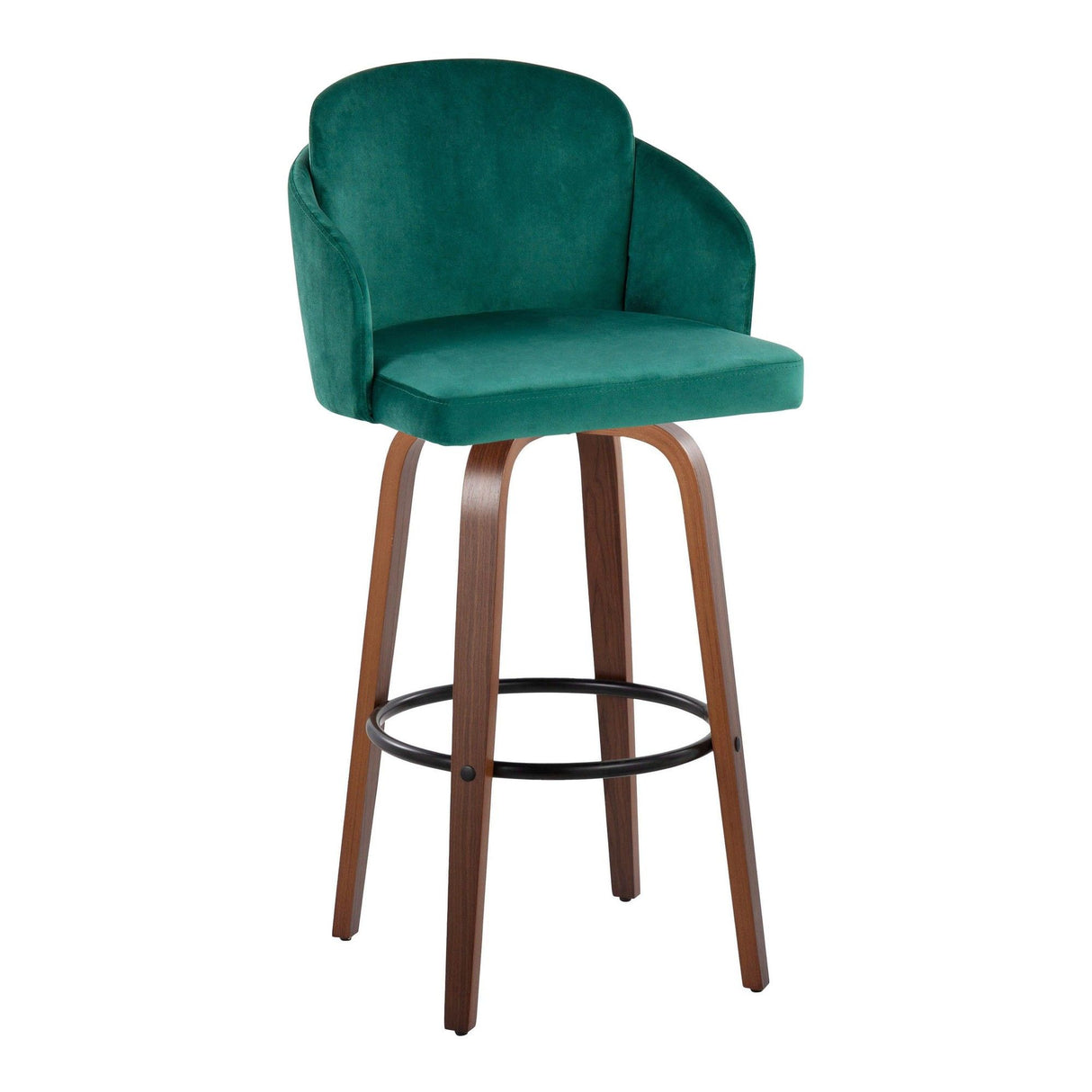 Dahlia - Fixed-Height Barstool (Set of 2) - Walnut Wood, Green Velvet, Black Metal, Gold Metal