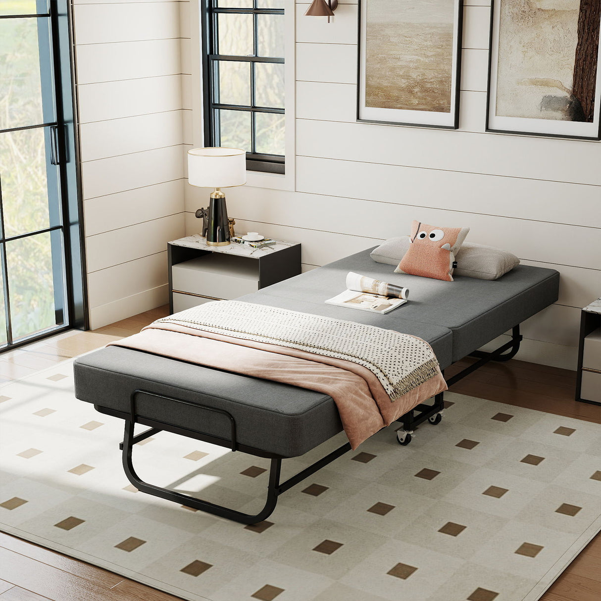 Twin Folding Bed With Memory Foam Mattress, 4 Lockable Wheels - Gray