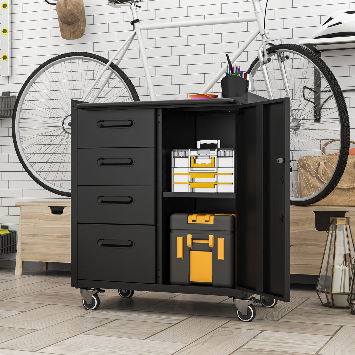 Sturdy Metal Tool Storage Cabinet With Wheels Durable Garage, Office & Home Organizer Steel