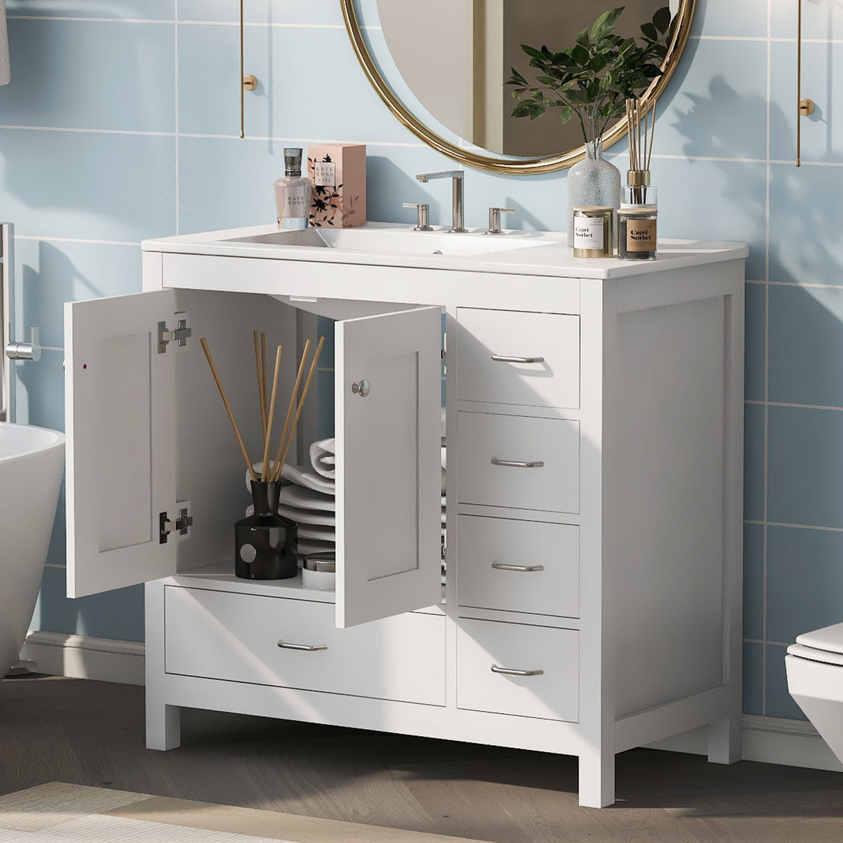 Bathroom Vanity With Ceramic Sink Combo, Abundant Storage Cabinet 2 Soft Close Doors And 5 Drawers