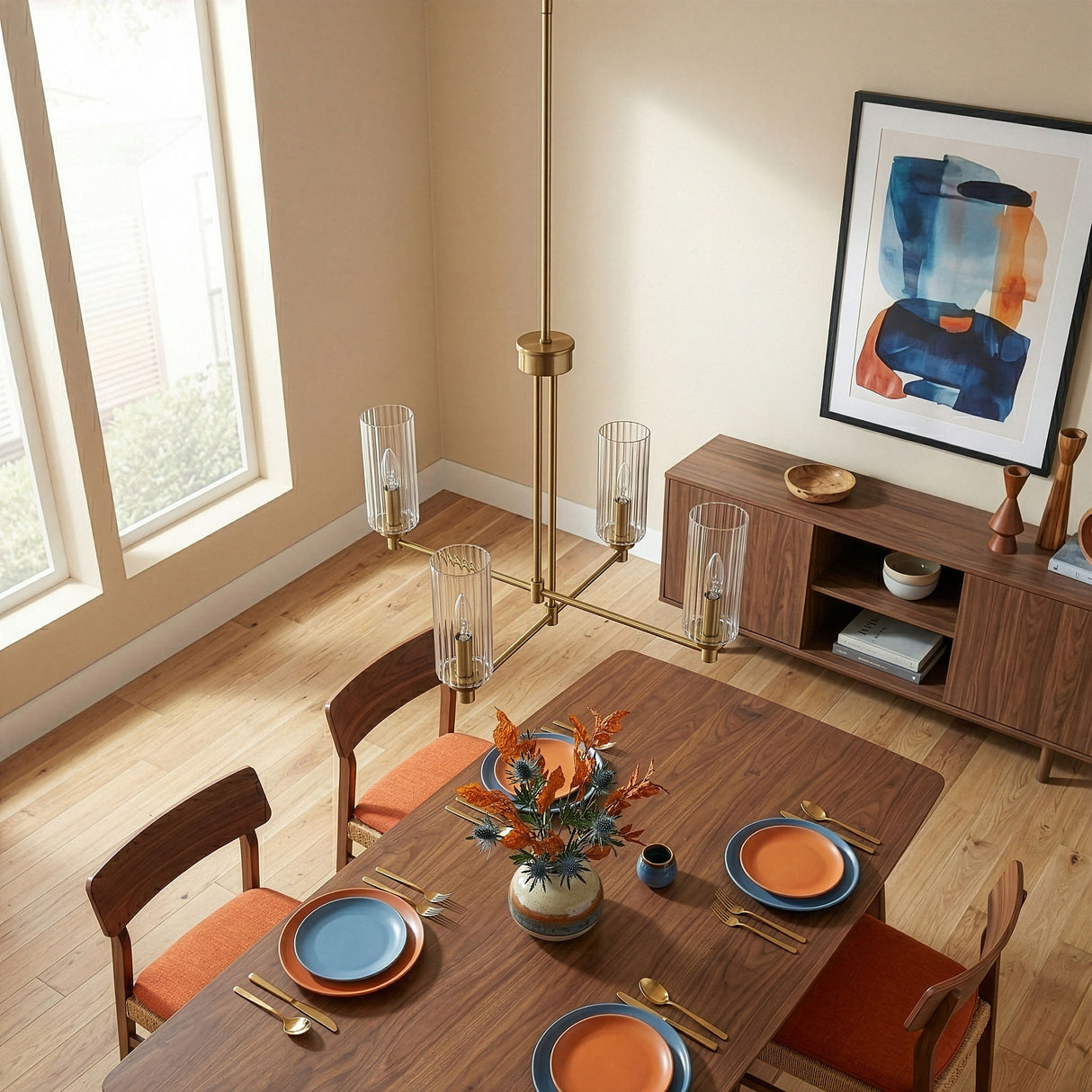 Enigma - 4 Lights Chandelier With Clear Ribbed Satin - Antique Brass / Clear / Gold