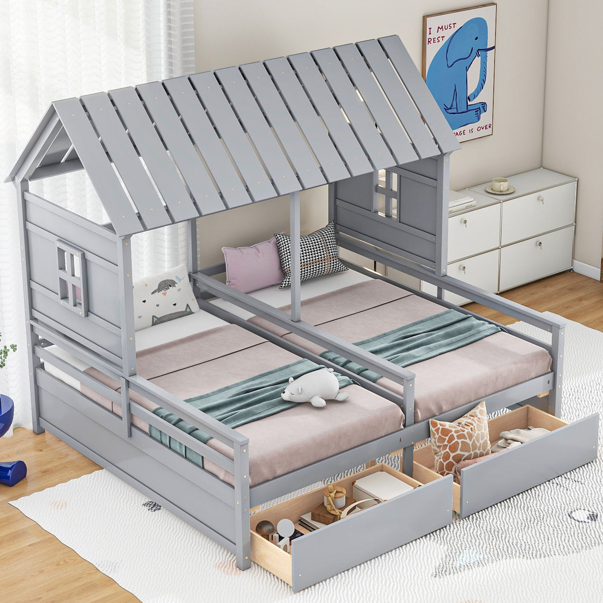 House Platform Beds With 2 Drawers, Side By Side Design