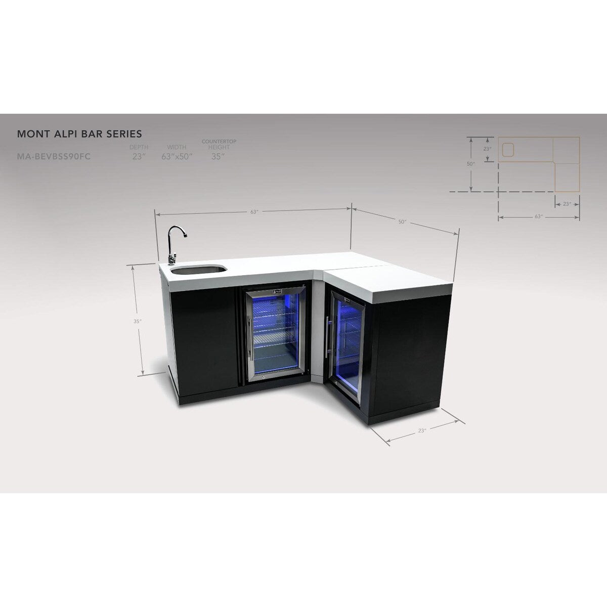 Mont Alpi Beverage Center W/ 90 Degree Corner & Fridge Cabinet - Black Stainless Steel - MA-BEVBSS90FC