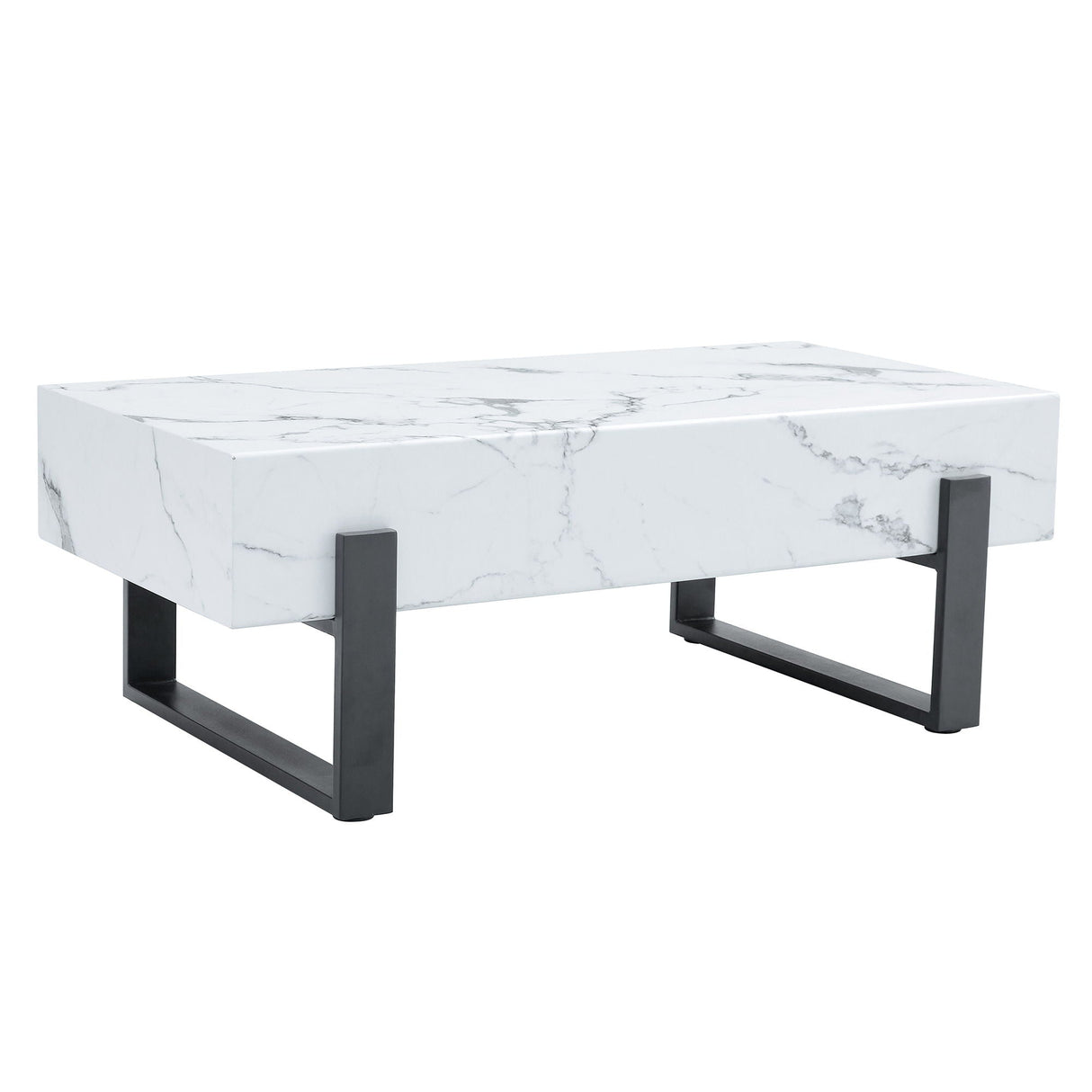 Minimalist Marble Patterned Coffee Table With Black Metal Legs - White / Black