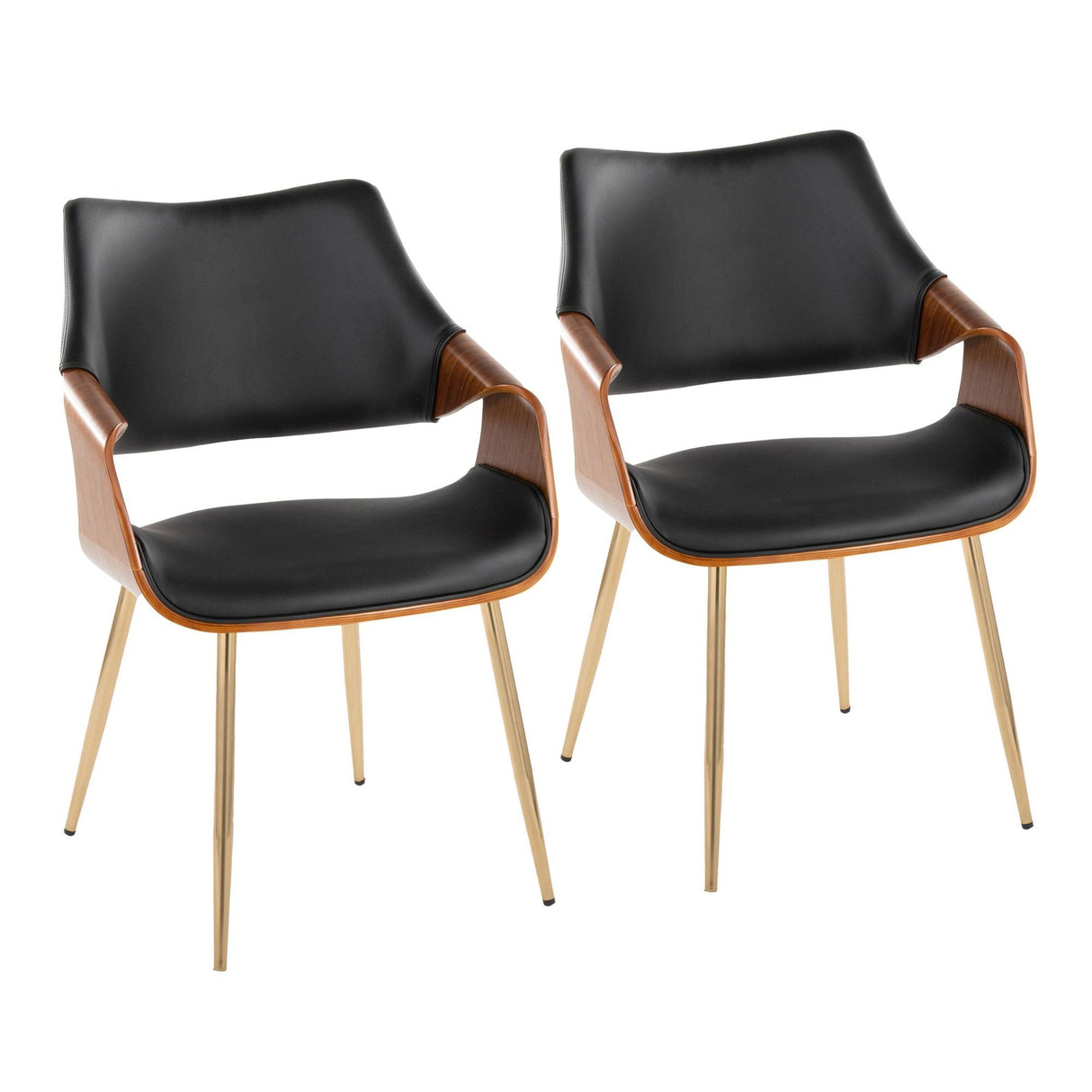 Curvo - High Back Chair (Set of 2) - Gold Metal, Walnut Wood, Black Faux Leather