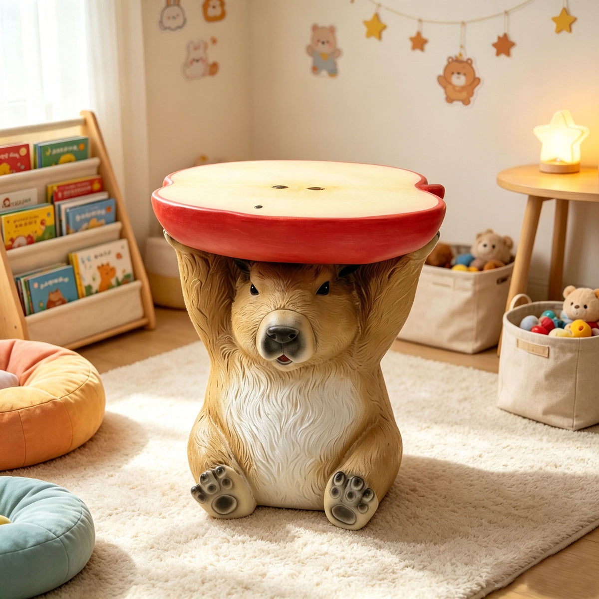 Capybara Shaped Apple Slice Stool, Animal Figurine Decor, Indoor Outdoor Seat - Brown / Tan
